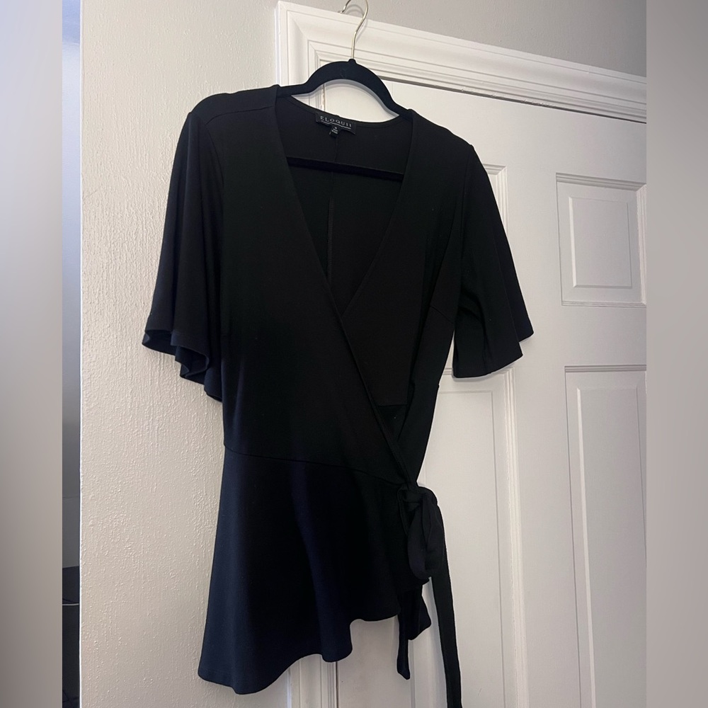 Eloquii Black Wrap Blouse with Flutter Sleeves